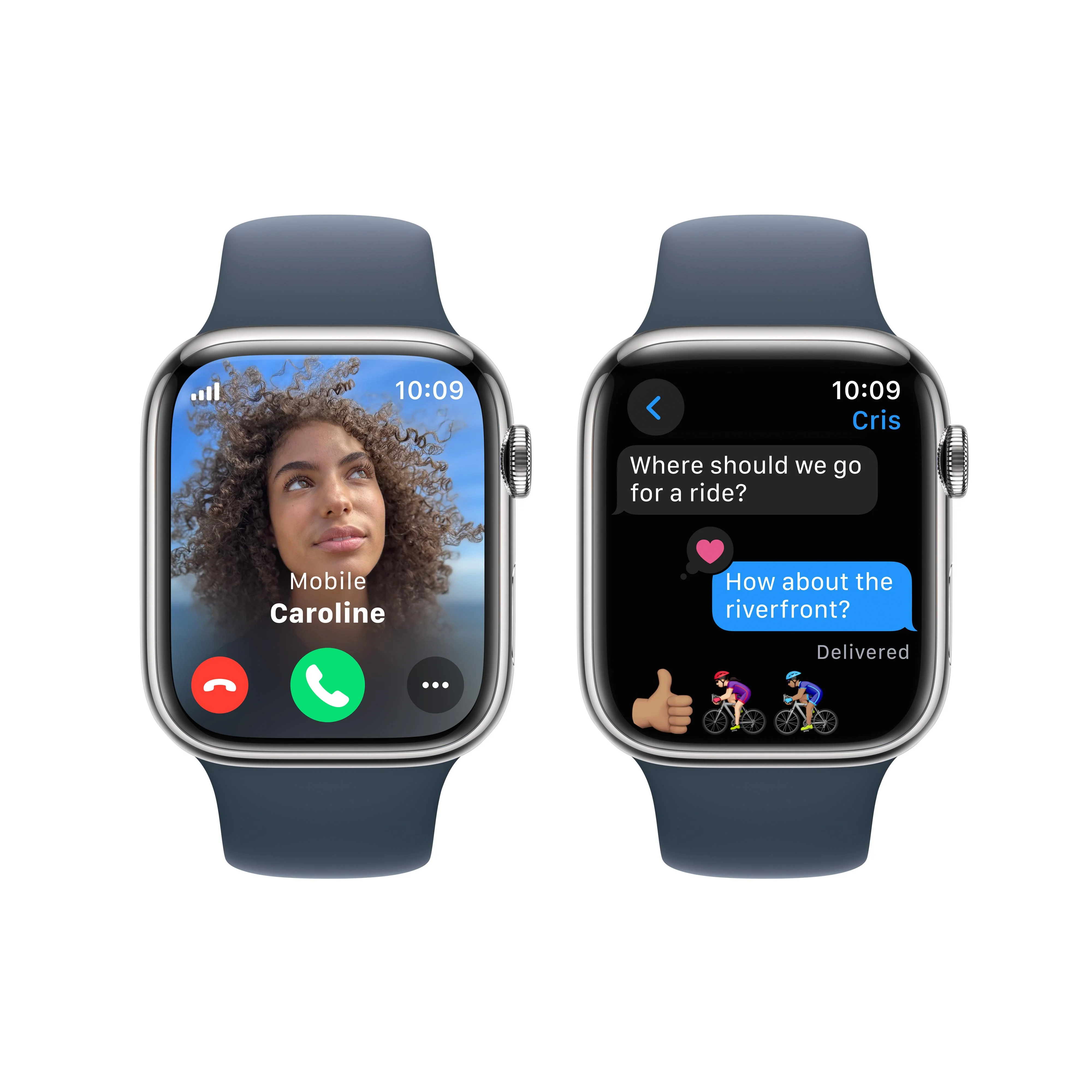 Apple Watch Series 9 GPS + Cellular 45mm Silver Stainless Steel Case with Storm Blue Sport Band - S/M - Image 6