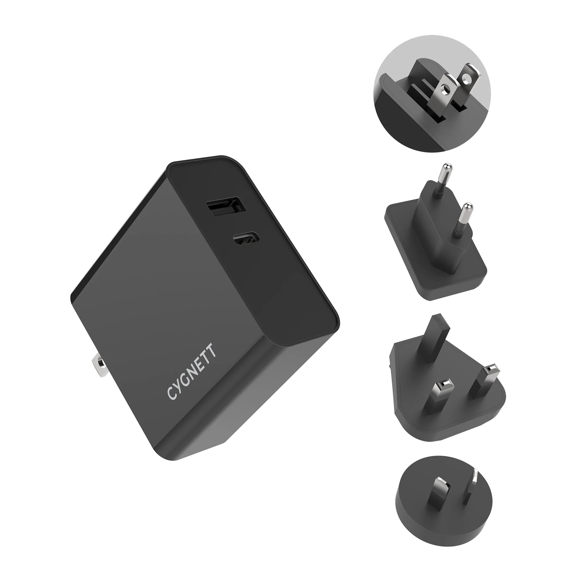 CYGNETT PowerPlus Dual Port 60W PD Wall Charger w/ travel adapters + USB- C to C Cable - Black - Image 2